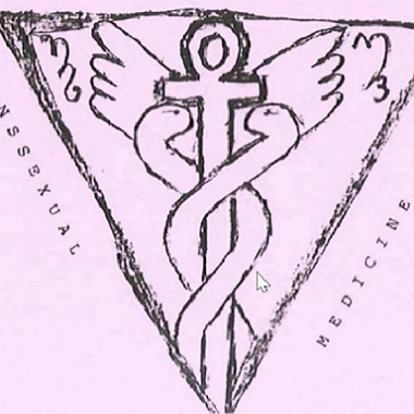Drawing of a triangle with a caduceus in the center. Partially cut-off text on either side of the triangle reads "Transsexual Medicine"