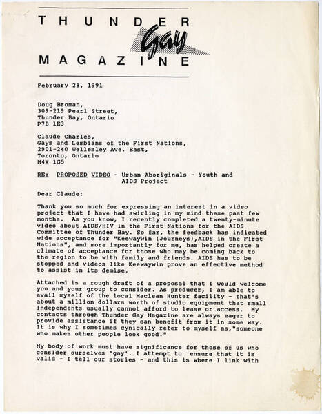 Download the full-sized image of Correspondence, re: Proposed Video - Urban Aboriginals - Youth and Aids Project, 1991