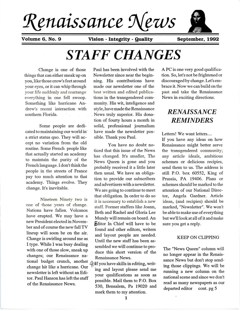 Download the full-sized PDF of Renaissance News, Vol. 6 No. 9 (September 1992)