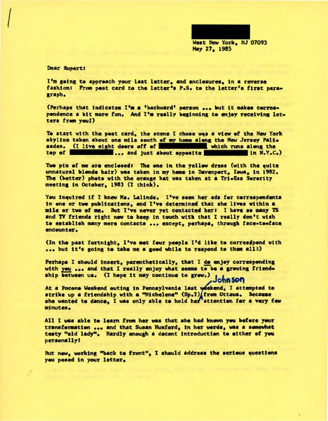 Download the full-sized image of Letter from Jana to Rupert Raj (May 27, 1985)