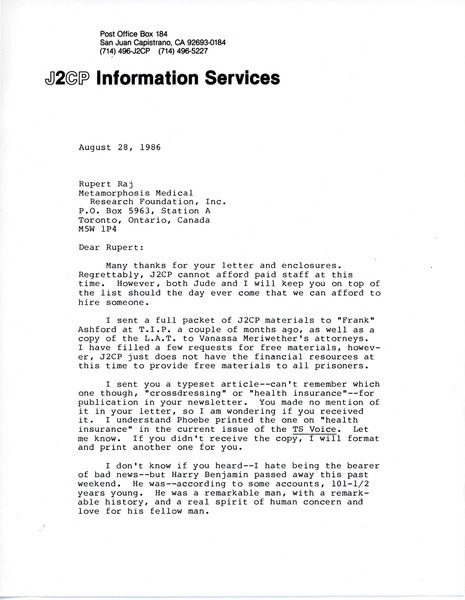 Download the full-sized image of Letter from Joanna M. Clark (August 28, 1986)