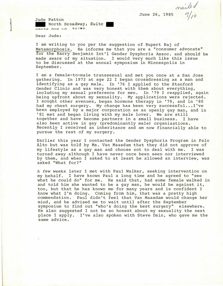 Download the full-sized PDF of Correspondence from Lou Sullivan to Jude Patton (June 26, 1985)