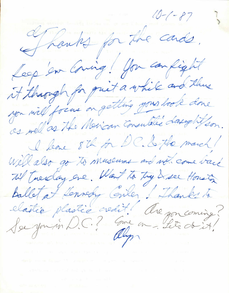 Download the full-sized PDF of Correspondence from Alyn Hess to Lou Sullivan (October 1, 1987)