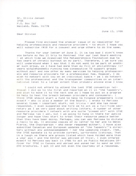 Download the full-sized image of Letter from Rupert Raj to Dr. Olivia Jensen (June 13, 1988)