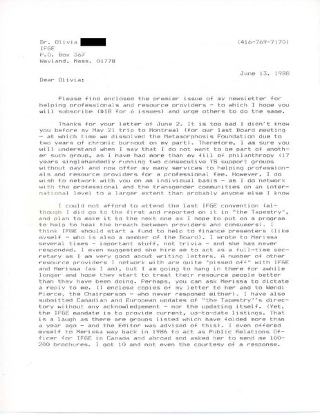 Download the full-sized image of Letter from Rupert Raj to Dr. Olivia (June 13, 1988)