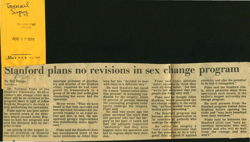 Download the full-sized PDF of Stanford Plans No Revisions in Sex Change Program