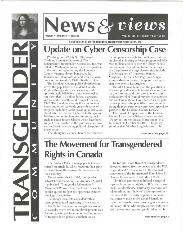 Download the full-sized PDF of Renaissance News & Views, Vol. 12 No. 8 (August 1998)