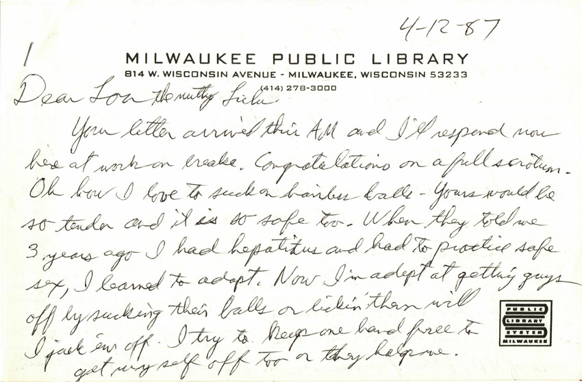 Download the full-sized PDF of Correspondence from Alyn Hess to Lou Sullivan (April 12, 1987)