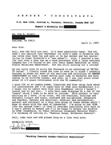 Download the full-sized image of Letter from Rupert Raj and Michelle Raj to Kim E. Stuart (April 2, 1990)