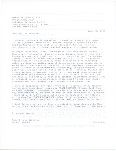 Download the full-sized image of Letter from Rupert Raj to Dr. Aaron Billowitz (January 27, 1989)