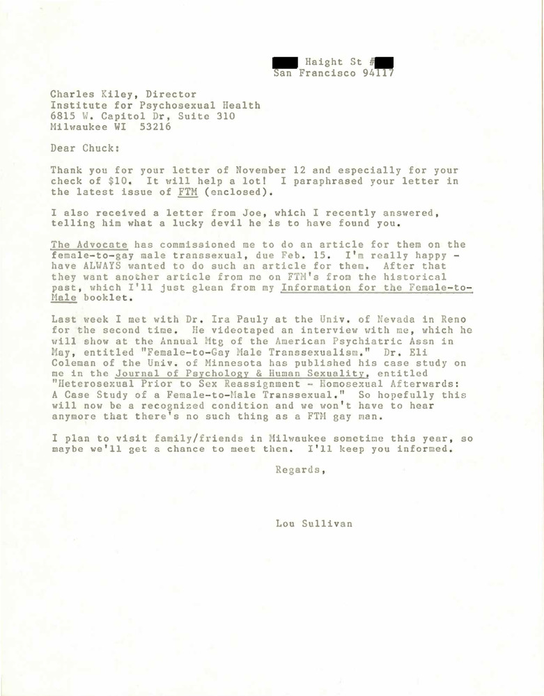Download the full-sized PDF of Correspondence from Lou Sullivan to Charles Kiley