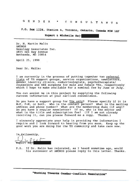 Download the full-sized image of Letter from Rupert Raj to Dr. H. Martin Malin (April 25, 1990)