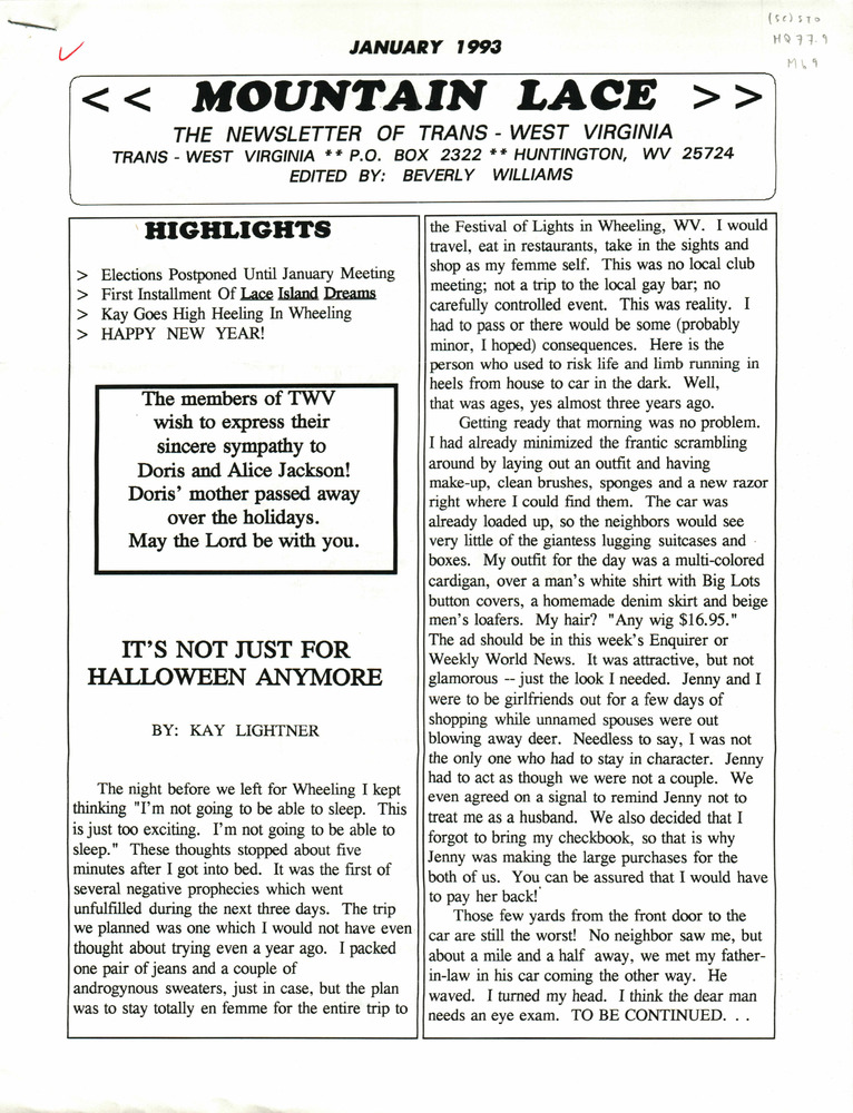 Download the full-sized PDF of Mountain Lace: The Newsletter of Trans- West Virginia (January, 1993)
