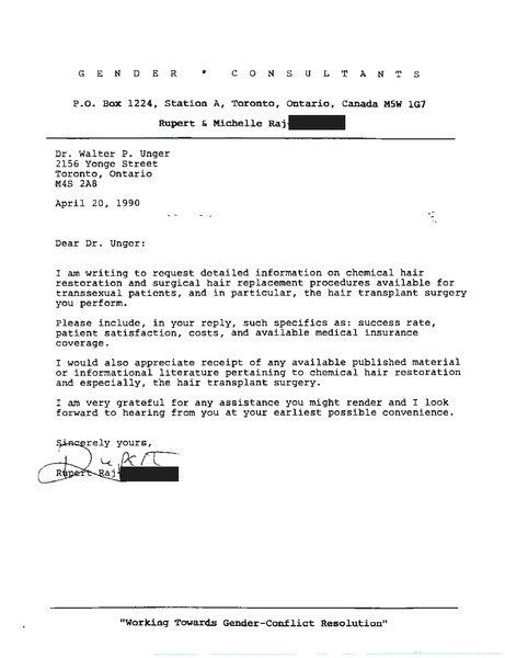 Download the full-sized image of Letter from Rupert Raj to Dr. Walter P. Unger (April 20, 1990)