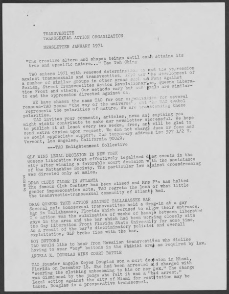 Download the full-sized image of Transsexual Action Organization Newsletter (January 1971)