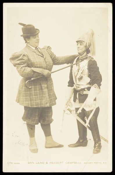 Download the full-sized image of Herbert Campbell and Dan Leno in character. Photographic postcard by Hana Studios, 190-.