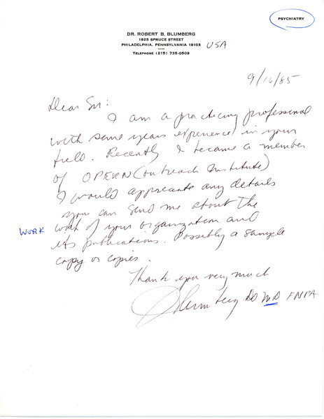 Download the full-sized image of Letter from Dr. Robert B. Blumberg to Rupert Raj (September 16, 1985)