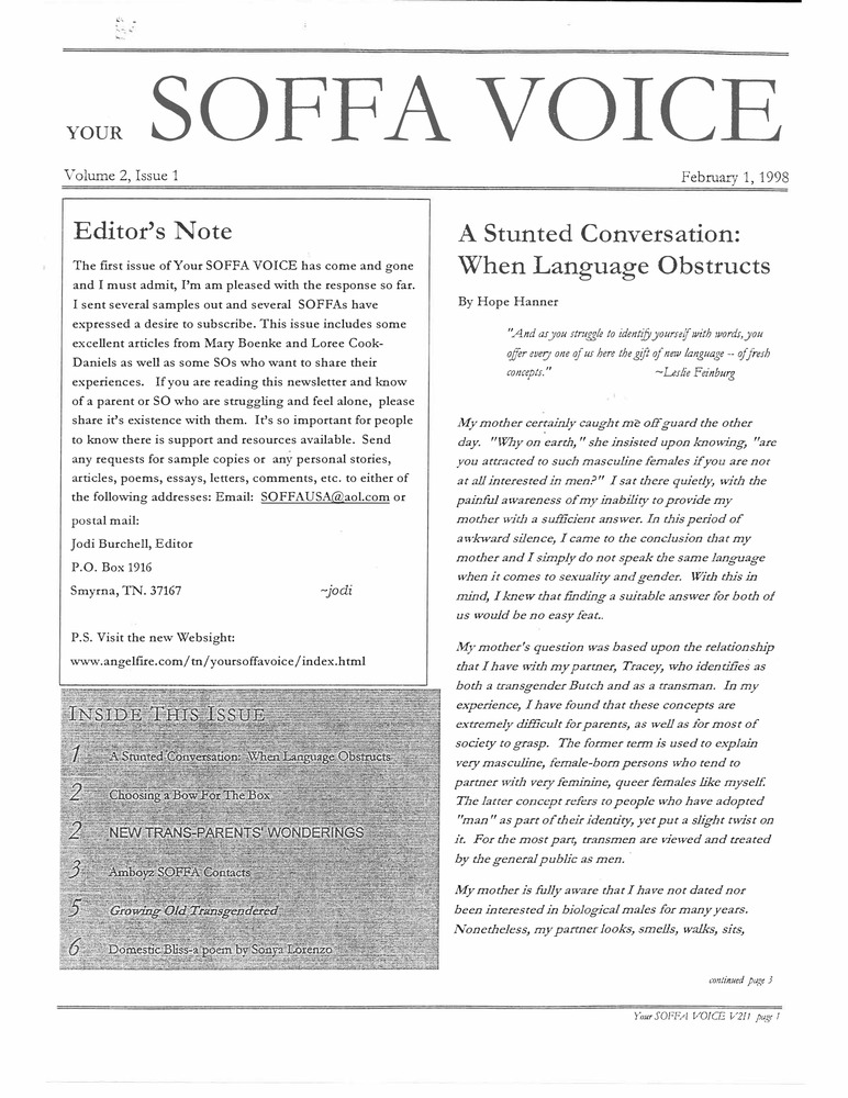 Download the full-sized PDF of Your SOFFA Voice Vol. 2, Issue 1 (February, 1999)