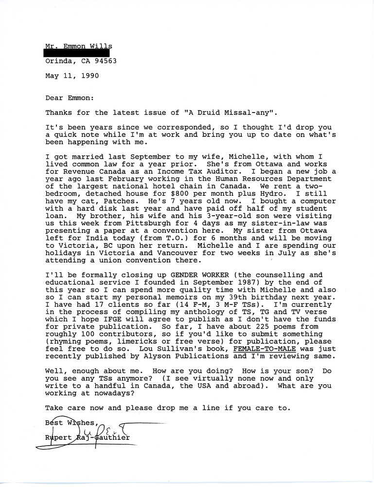 Download the full-sized PDF of Letter from Rupert Raj to Emmon Wills (May 11, 1990)