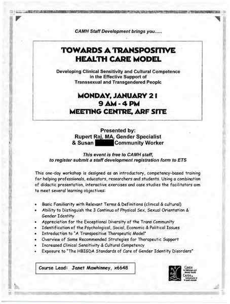 Download the full-sized image of Flyer for Towards a Transpositive Health Care Model Workshop