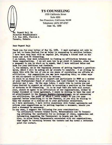 Download the full-sized image of Letter from Alise Martinez to Rupert Raj (June 16, 1983)