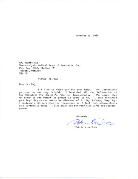 Download the full-sized image of Letter from Patricia A. Dunn to Rupert Raj (November 25, 1986)