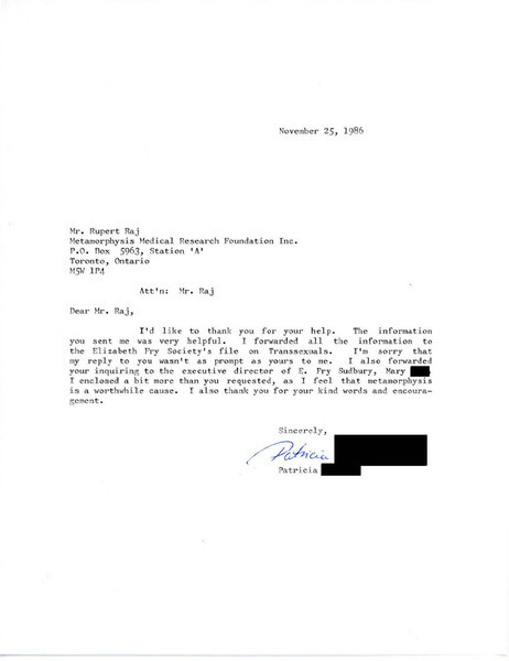 Download the full-sized image of Letter from Patricia A. Dunn to Rupert Raj (November 25, 1986)