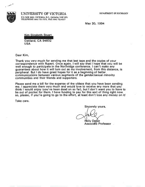 Download the full-sized image of Letters Between Holly Devor and Kim Elizabeth Stuart (1994)