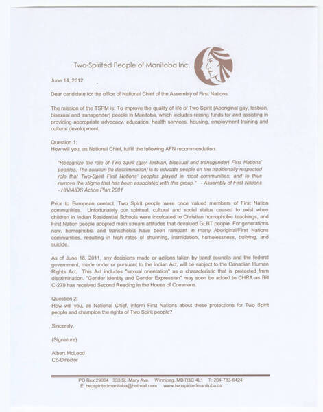 Download the full-sized image of Letter from Albert McLeod to Candidates for National Chief of the Assembly of First Nations (AFN)