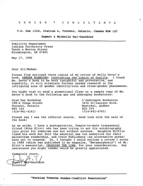 Download the full-sized image of Letter from Rupert Raj to the Publicity Department at Indiana University Press (May 17, 1990)