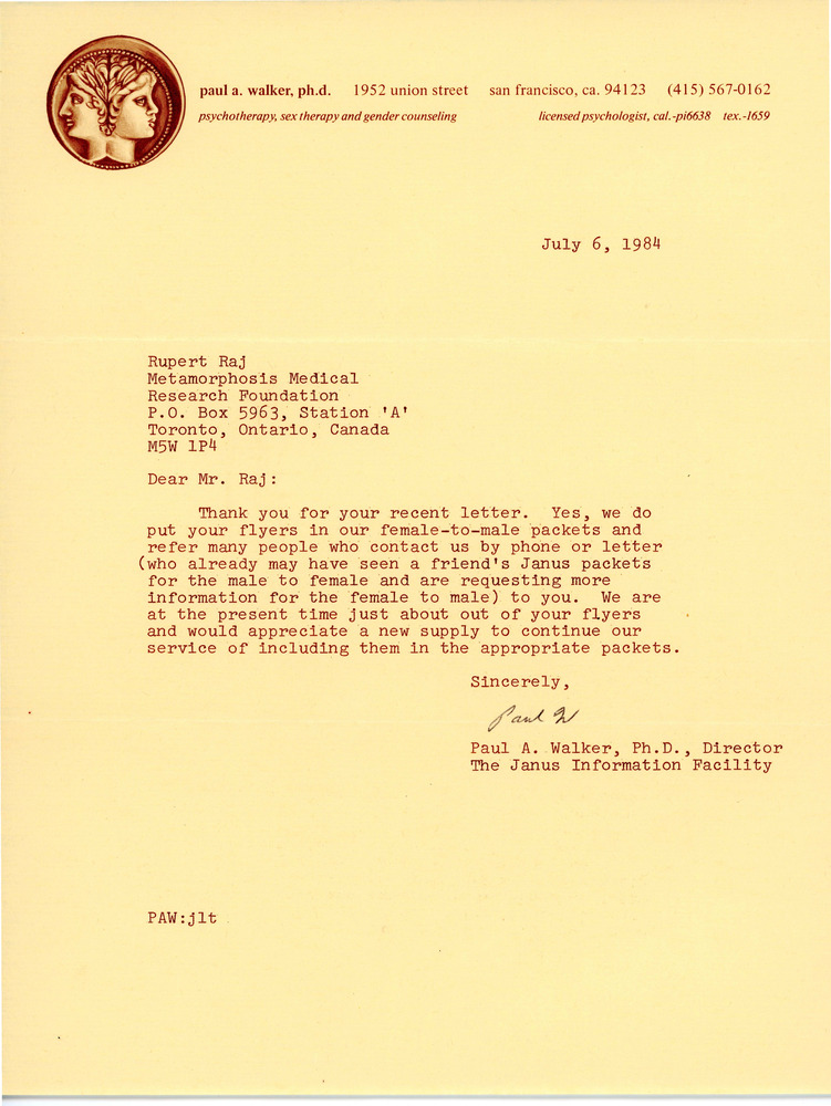 Download the full-sized PDF of Letter from Paul A. Walker to Rupert Raj (July 6, 1984)