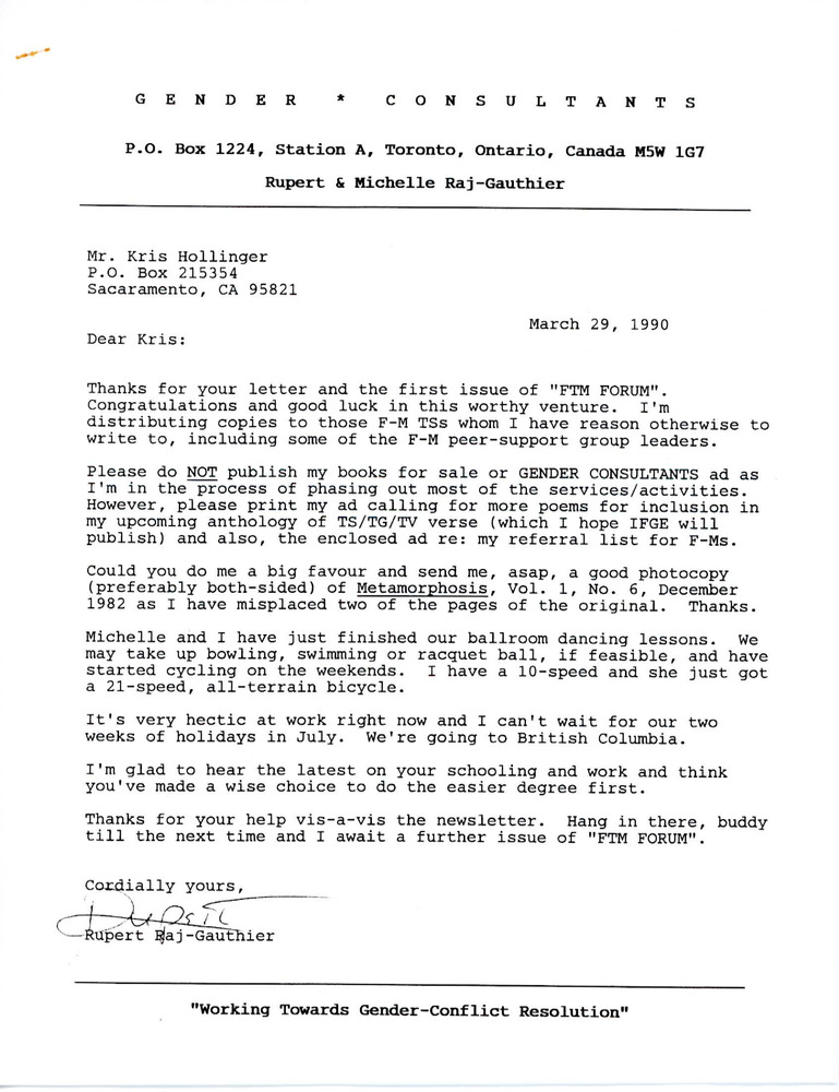 Download the full-sized PDF of Letter from Rupert Raj to Kris Hollinger (March 29, 1990)