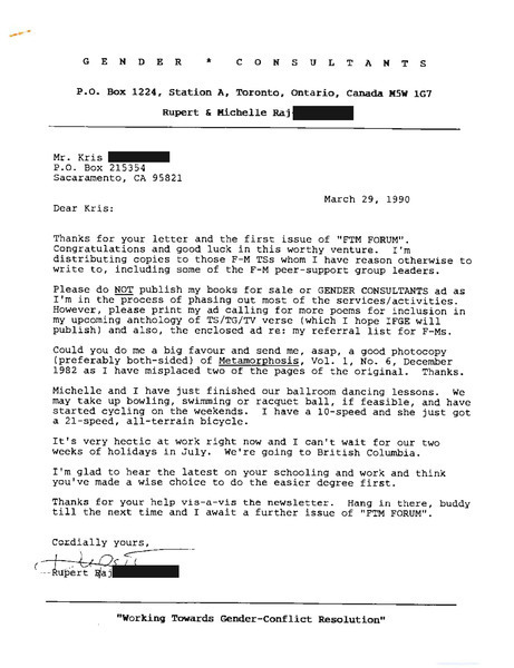 Download the full-sized PDF of Letter from Rupert Raj to Kris Hollinger (March 29, 1990)