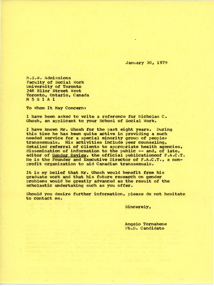 Download the full-sized PDF of Letter to University of Toronto MSW Admissions from Angelo Tornabene (January 30, 1979)