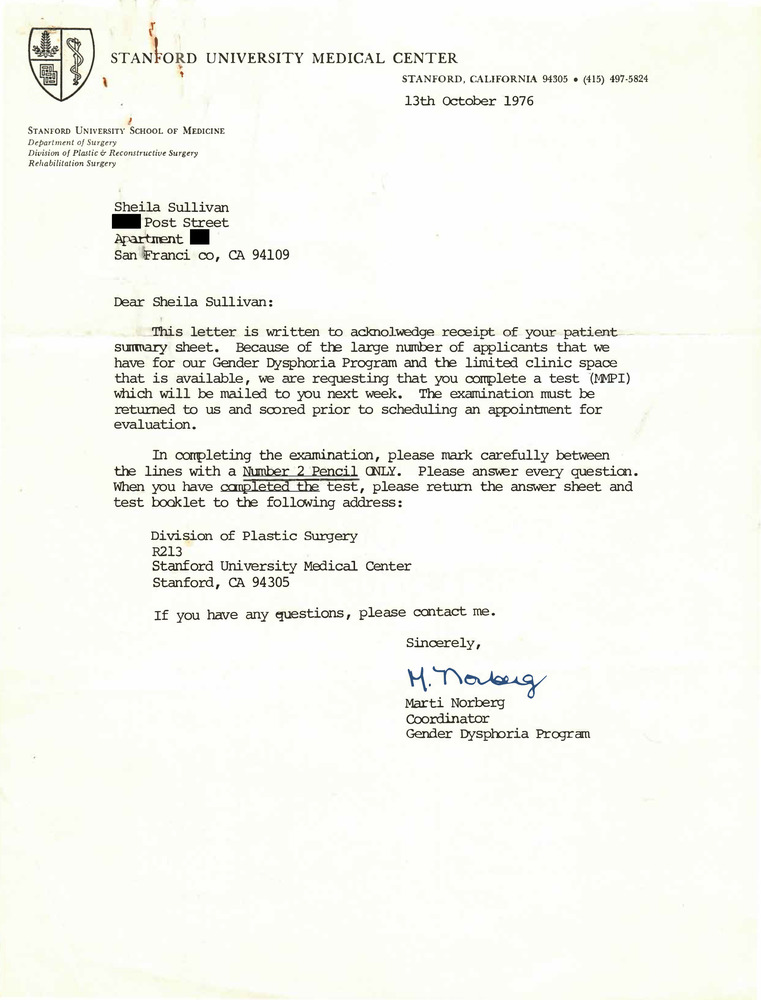 Download the full-sized PDF of Correspondence from Marti Norberg to Lou Sullivan (October 13, 1976)