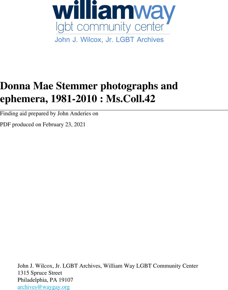 Download the full-sized PDF of Donna Mae Stemmer photographs and ephemera, 1989-2010 : Ms.Coll.42