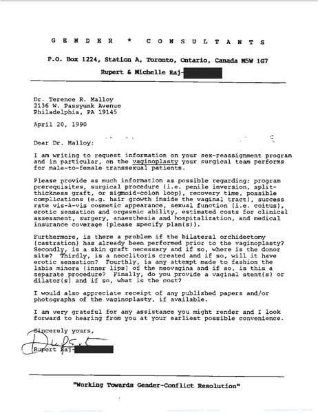 Download the full-sized image of Letter from Rupert Raj to Dr. Terrence R. Malloy (April 20, 1990)