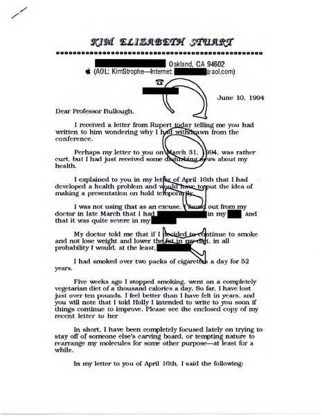 Download the full-sized image of Letter from Kim Elizabeth Stuart to Professor Bullough (June 6, 1994)