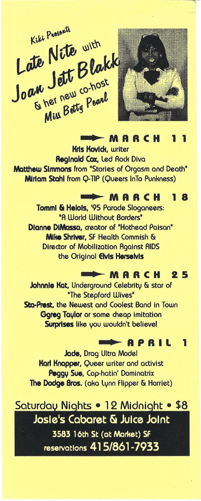Download the full-sized PDF of Flyer for the Late Nite with Joan Jett Blakk show March Schedule