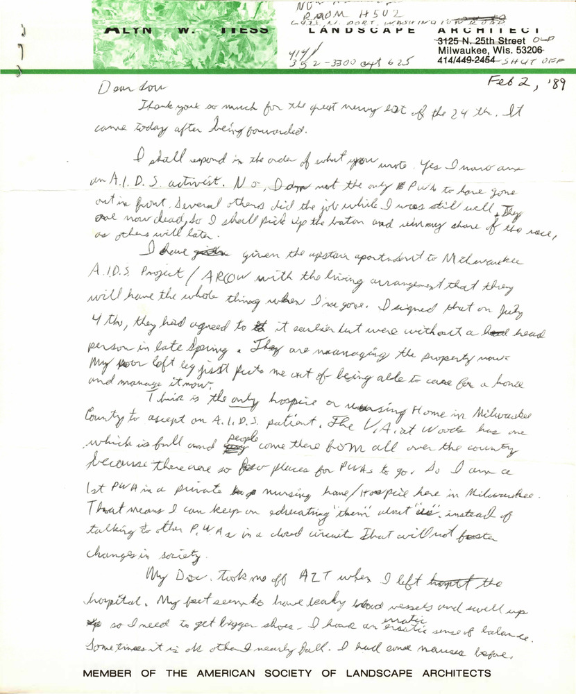 Download the full-sized PDF of Correspondence from Alyn Hess to Lou Sullivan (February 2, 1989)