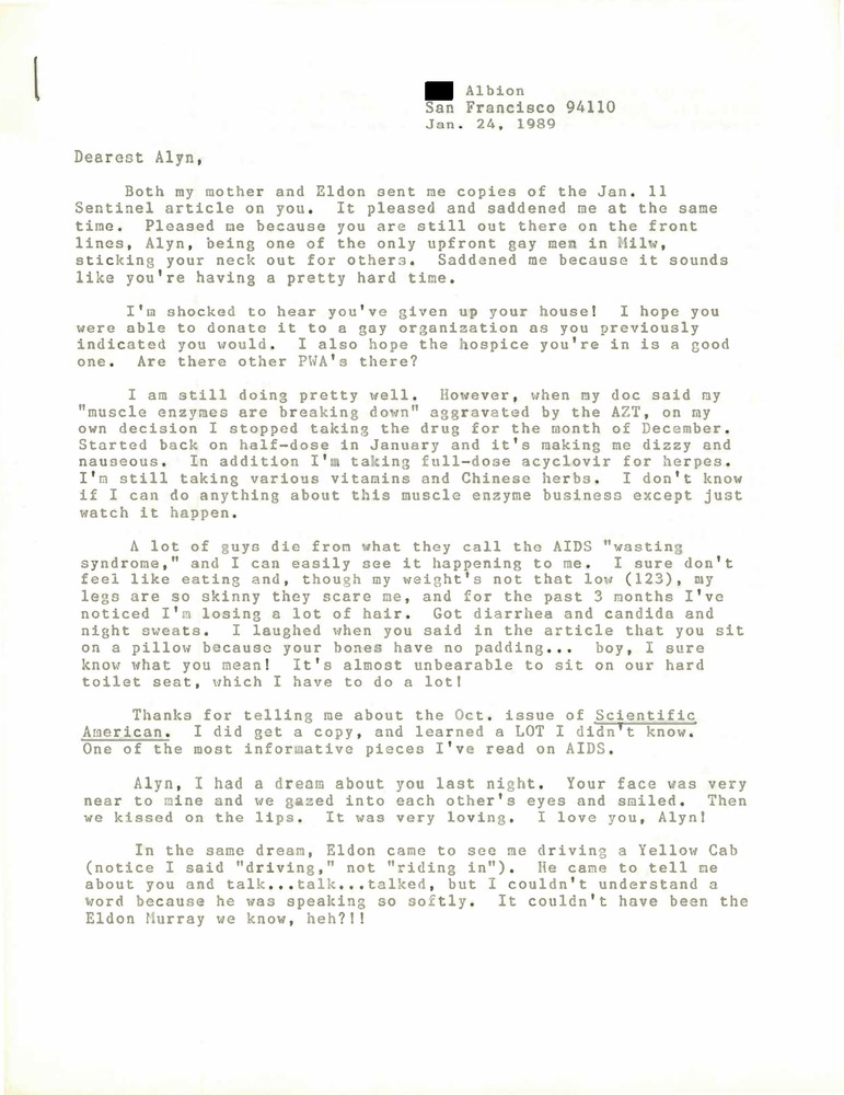 Download the full-sized PDF of Correspondence from Lou Sullivan to Alyn Hess (January 24, 1989)