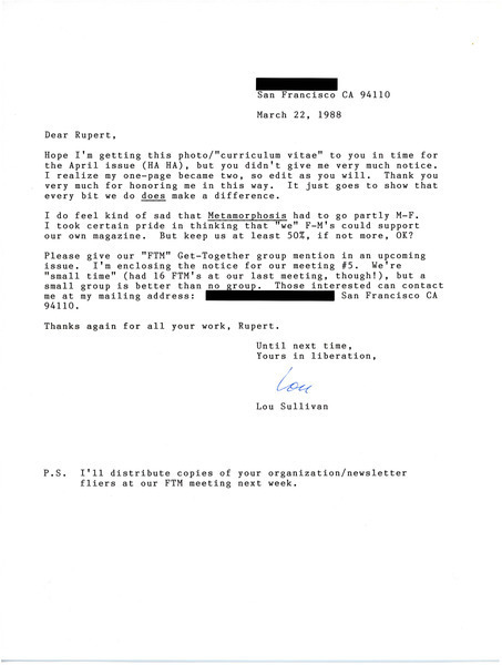 Download the full-sized image of Letter from Lou Sullivan to Rupert Raj (March 22, 1988)