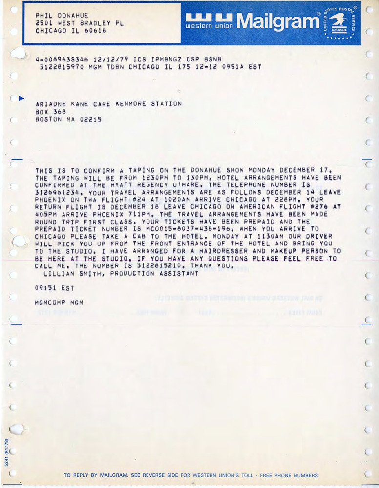 Download the full-sized PDF of Letter from Lillian Smith to Ariadne Kane, December 12, 1979