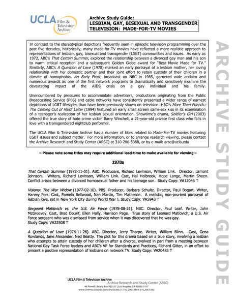 Download the full-sized image of Archive Study Guide: Lesbian, Gay, Bisexual, and Transgender Television: Made-For- TV Movie Discovery Resources
