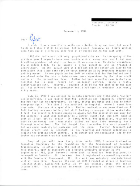 Download the full-sized image of Letter from [redacted] to Rupert Raj (December 1, 1987)