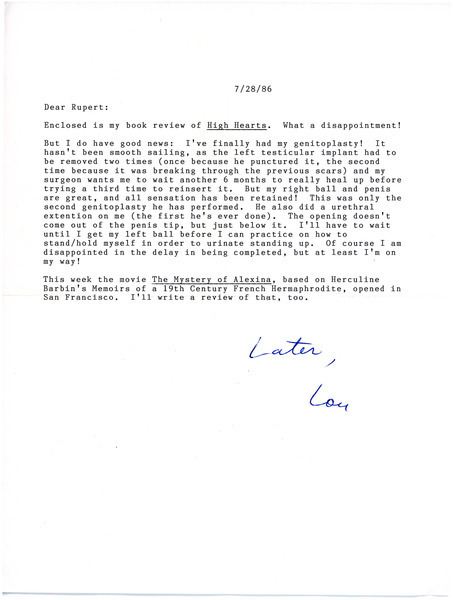 Download the full-sized image of Letter to Rupert Raj from Lou Sullivan (July 28, 1986)