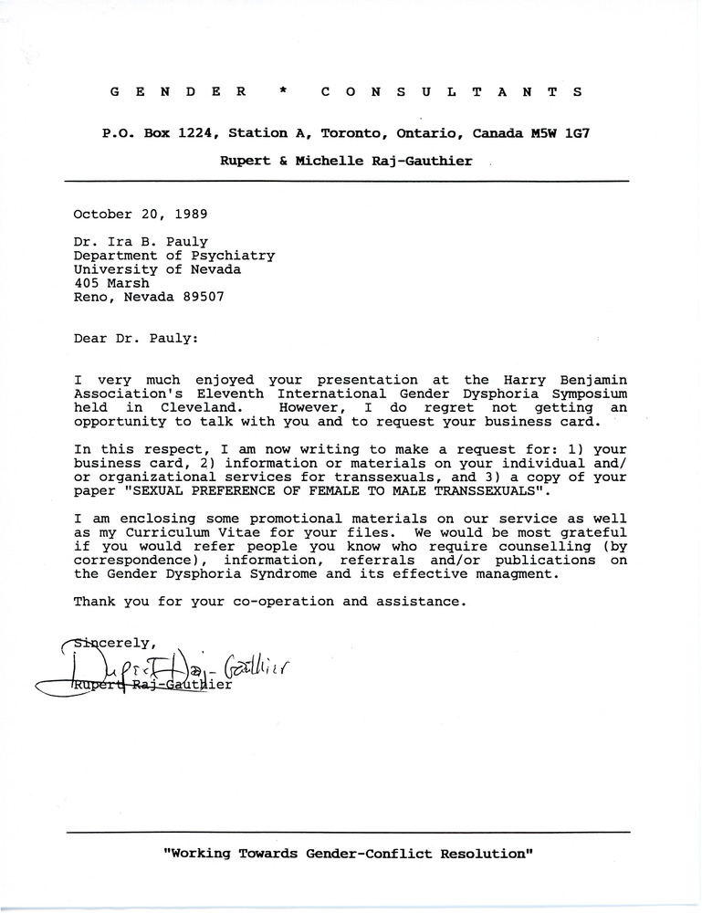 Download the full-sized PDF of Letter from Rupert Raj to Dr. Ira B. Pauly (October 20, 1989)