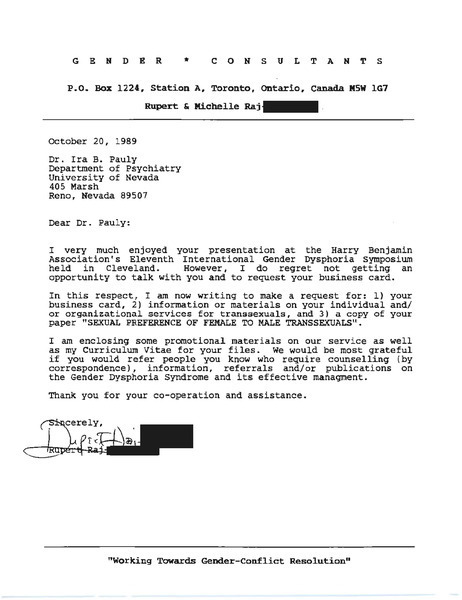 Download the full-sized image of Letter from Rupert Raj to Dr. Ira B. Pauly (October 20, 1989)