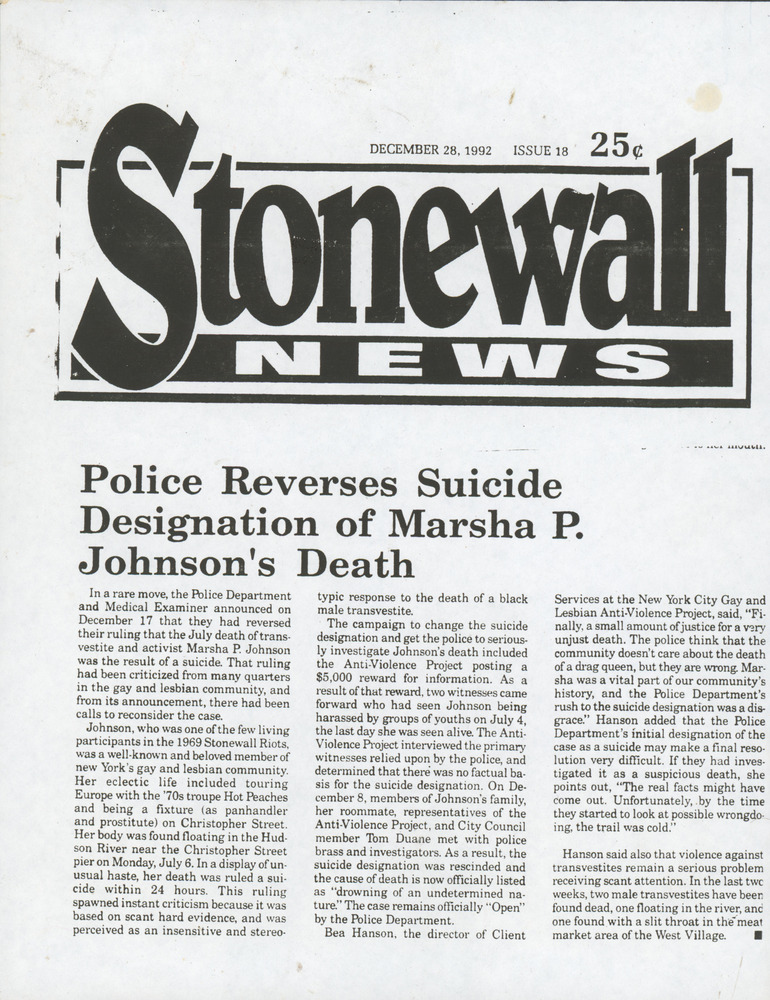 Download the full-sized PDF of Police Reverses Suicide Designation of Marsha P. Johnson's Death