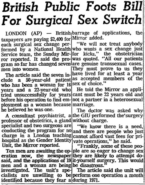 Download the full-sized image of British Public Foots Bill For Surgical Sex Switch